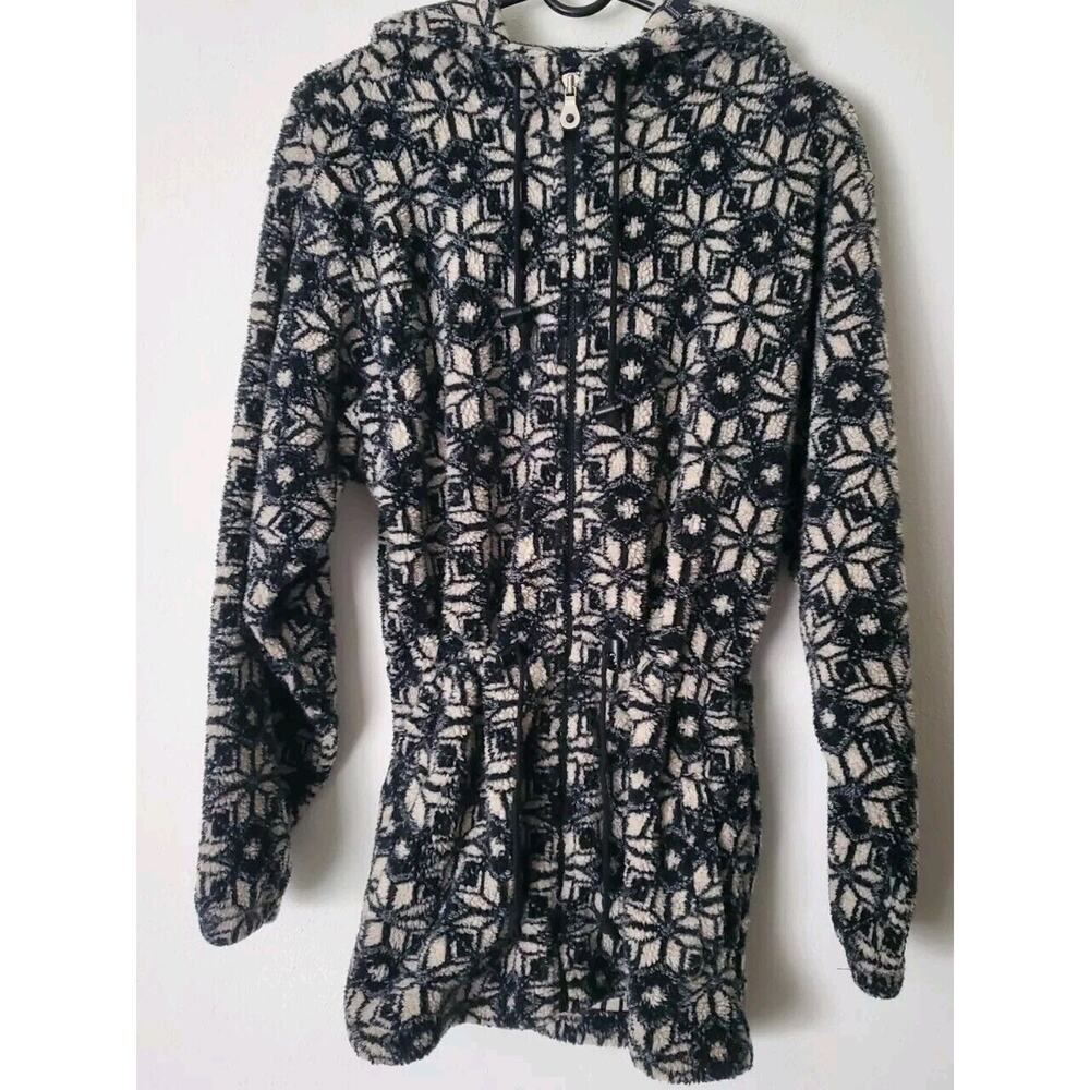 Lands End Womens M 10-12 Full Zip Fleece Jacket Coat Black & White Pockets Hood